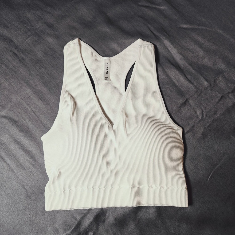 Zenana Ribbed Padded Cropped Racerback Tank Top Bralette Brami White S/M - Picture 3 of 11